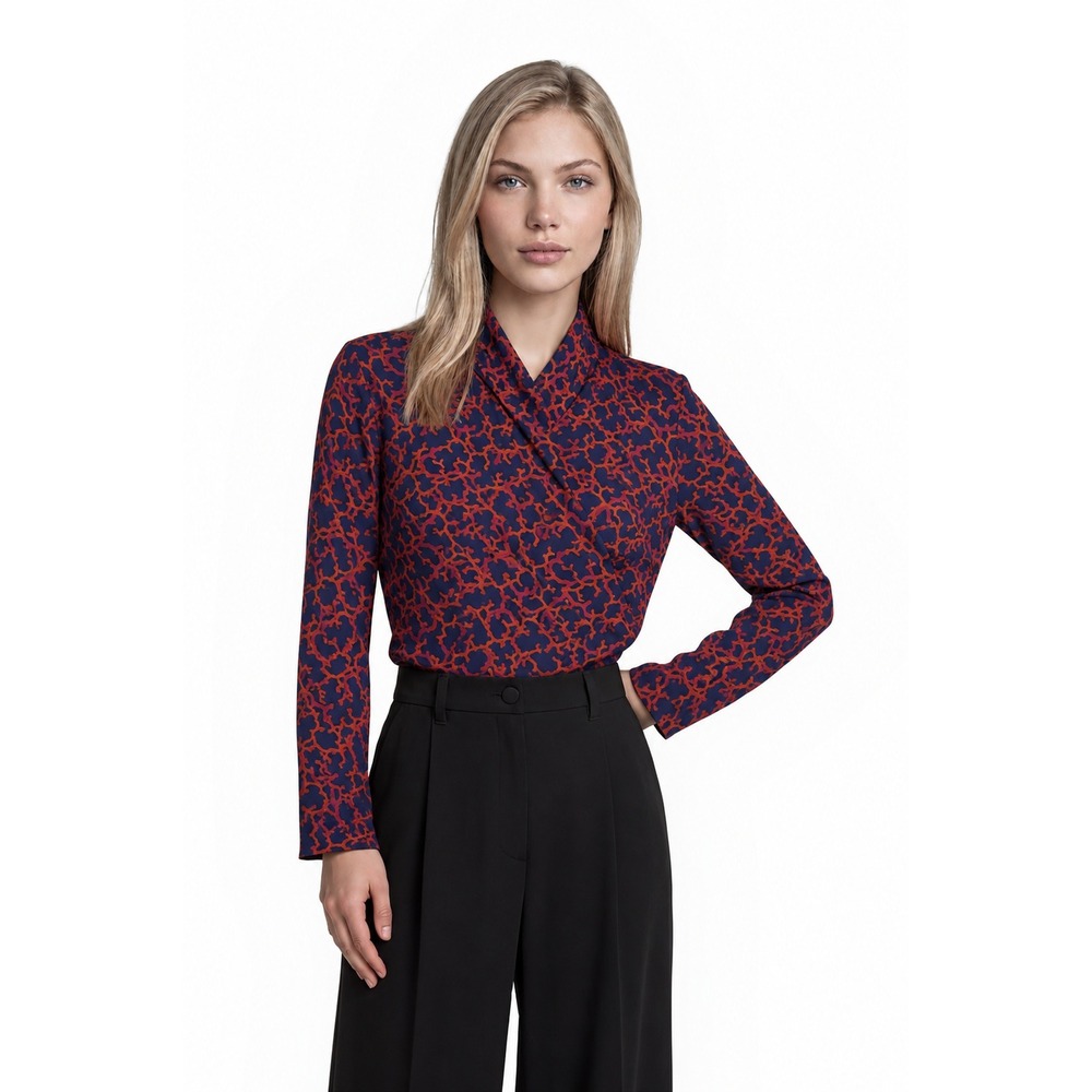 J. McLaughlin Blouse‎ Top Women's Size Small Blue Orange Coral Print Mock Wrap